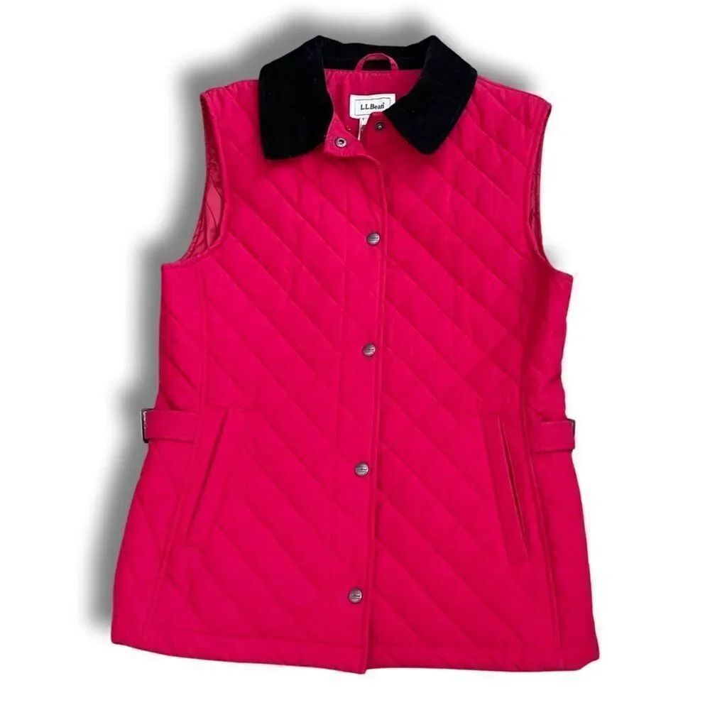 L. L. Bean Red Quilted Corduroy Collar Snap Button Full Zip Vest